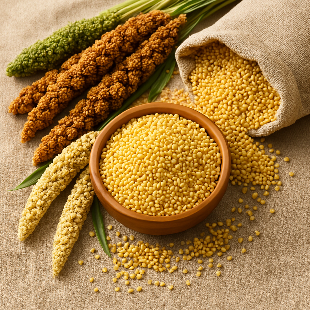 Various types of millet grains and stalks
